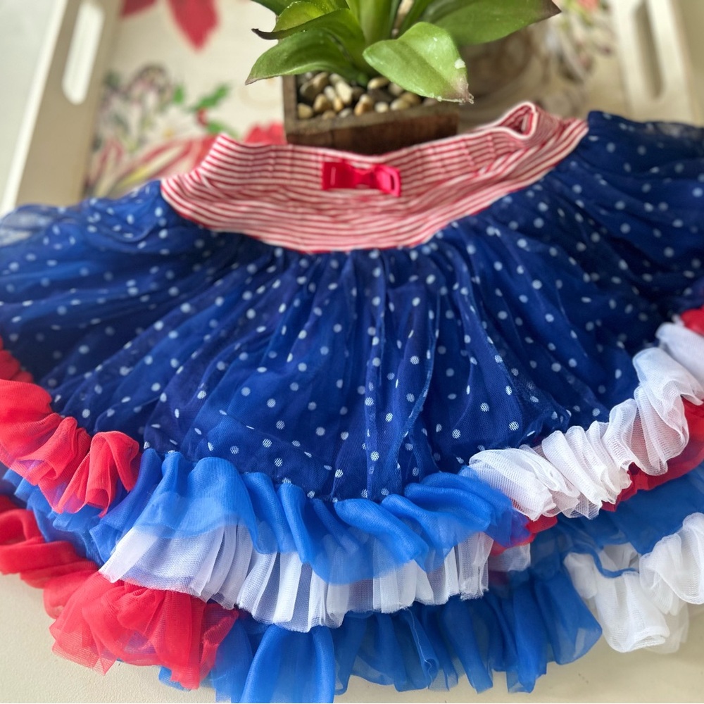 Blue Polka Dot Tutu Skirt with Red and White Ruffles